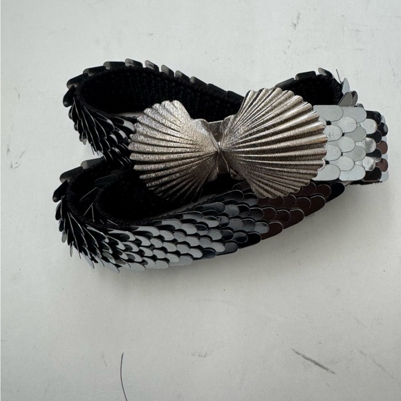 Vtg Silver Sequin Scale Belt Mermaid Scallop Shell Buckle Elastic Stretch Womens